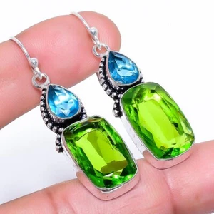 Peridot, Blue Topaz Gemstone 925 Sterling Silver Earring 2.05" L392 - Picture 1 of 7