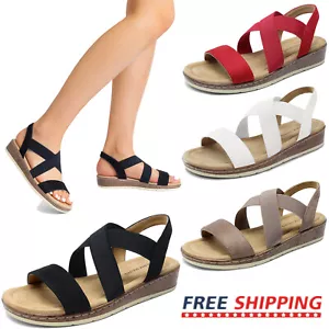 Women Classic Flat Sandals Low Wedge Heel Slip on Vacation Beach Walking Sandals - Picture 1 of 37