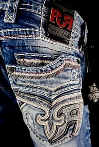 $220 Mens Rock Revival Jeans "Zane" Candy Cane Leather inserts Straight 32 X 31 - Picture 1 of 16