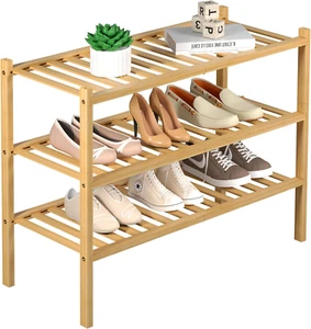3 Tier Bamboo Shoe Rack for Closet Free Standing Wood Shoe Shelf Storage Organiz - Picture 1 of 12