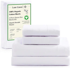 LANE LINEN 100% Organic Cotton Queen Sheet Set, 4Pc Cotton Sheets Queen Size Bed - Picture 1 of 9