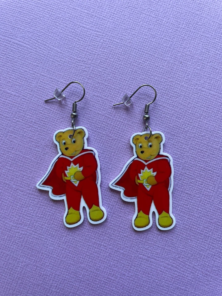 Cartoon Resin Dangle Earrings, Surgical Steel Hooks, Super Ted Style, Teacher - image 1 of 1