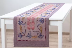 Luxus Jacquard Leinen Tischläufer Ethno Handtuch Flachs Kornblumen Muster - Bild 1 von 12