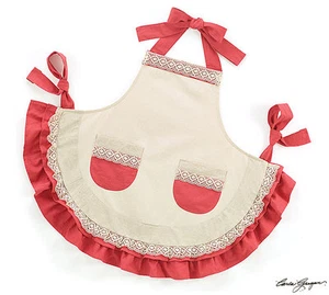 Delantal de cocina marrón y rojo con volantes con 2 bolsillos lazo cinta de encaje - Imagen 1 de 1