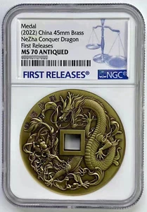 NGC70 China 45mm brass medal Prince Nezha's Triumph Against Dragon King - Picture 1 of 3