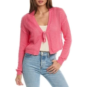 C&C California 100% Cotton Pink Open Knit Crochet Cardigan Size Medium - Picture 1 of 5