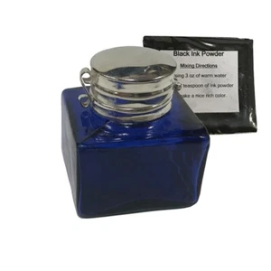 1-3/8" Square Cobalt Blue Glass Inkwell Antique Reproduction with Ink Powder - Picture 1 of 4