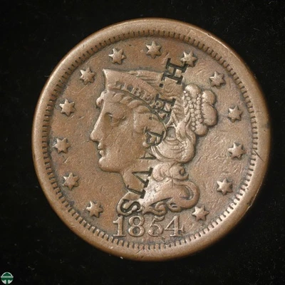 1854 Braided Hair Large Cent - Very Good Details - Counterstamped - Image 1 of 2