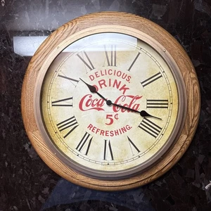 VINTAGE RETRO STYLE LARGE COKE CLOCK WOOD FRAME OVERALL 16" DIAMETER - New! - Picture 1 of 6