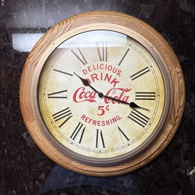 VINTAGE RETRO STYLE LARGE COKE CLOCK WOOD FRAME OVERALL 16" DIAMETER - New! - Image 1 of 4