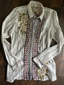 Johnny Was Ronnie Button Down Blouse, Medium Embroidered Cotton Stripe - Picture 1 of 7