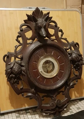 ancien thermomètre baromètre mercure bois noir sculpté, époque 19ème  - Photo 1/4