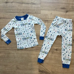 Hanna Andersson White/Blue Christmas Train Long John Pajama Set Kid 100 cm/4 - Picture 1 of 6