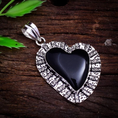 Bonito Ónice Negro Corazón Piedra 925 Plata de Ley Hecho a Mano Colgante - Imagen 1 de 4