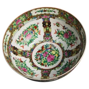 Antiguo lavabo grande chino medallón rosa porcelana con escena de jardín siglo XX - Imagen 1 de 9