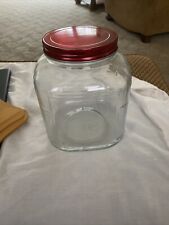 Vintage Square Hoosier Style Clear Ribbed Glass Jar Coffee Cookie Snack Red Lid
