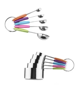 TECHTONGDA 10 pcs Measuring Cups & Spoons with Multicolor Silicone Handle SS - Picture 1 of 11