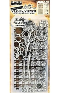 Flowers Clear Stamp and Bubbles & Gingham Stencil Set by Tim Holtz NEW! - Picture 1 of 2