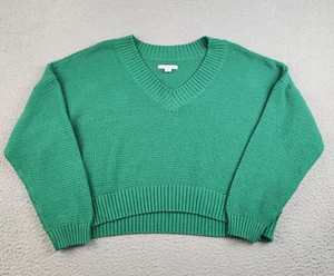 American Eagle Cropped Sweater Womens Large Waffle Knit Green V-Neck Spring - Picture 1 of 8
