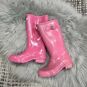 Hunter Original Youth Big Kids Tall Gloss Bright Pink Rain Boots Youth Size 1 - Picture 1 of 9