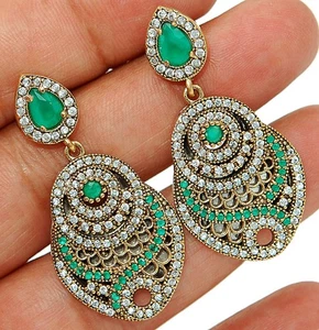 Ottoman Empire Style 6CT Treated Emerald 925 Sterling Silver Earrings TB1513 - Picture 1 of 2