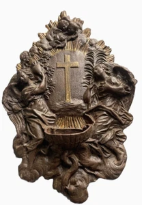 Grand Bénitier Napoléon III en Bronze Anges Palme de Martyre & Cœur Enflammé - Bild 1 von 7