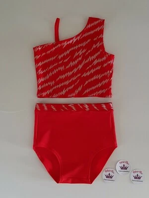 (#311) Age 7/9 Freestyle Dance Cropped Top/Briefs Sparkly Red Lightning Lycra - Image 1 of 3
