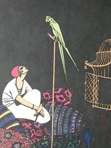 Erté (1892, 1990) - donna con pappagallo, litografia a colori - Foto 1 di 6