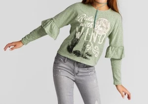 Art Class Girls' Pioneer Sage Green Ride the Wind Ruffle Long Sleeve Shirt, XS S - Picture 1 of 1