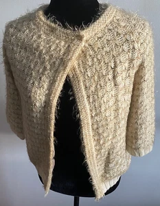 Mystree Fuzzy Cardigan Anthropologie Wool Blend Snaps Cream Polka Dot Lining S - Picture 1 of 11