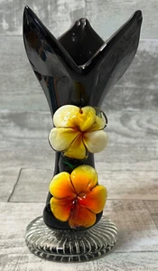 Vintage Hand blown Art Glass Vase Black w/ Yellow & Orange Applied Glass Flowers - Picture 1 of 13