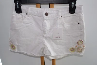 Pantalones Cortos Para Mujer Lauren Conrad Talla 12 NUEVOS CON ETIQUETAS NUEVOS Denim Crochet Apliques Cortos Foto 1 de 3