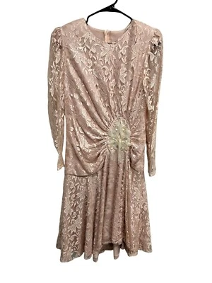 Vestido de encaje satinado rosa filigrana vintage años 80 con detalle de apliques talla 10 Foto 1 de 4