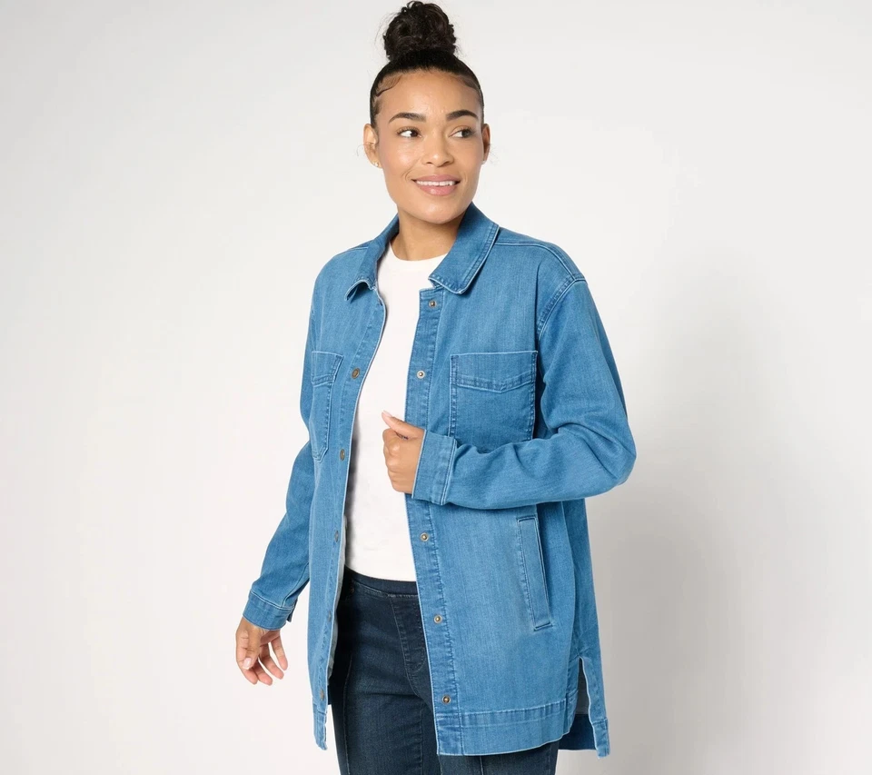 #2478 Belle by Kim Gravel Elastizado Denim Alto Bajo Snap Frontal Chamarra Talla XL Foto 1 de 1