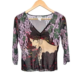 Vintage Nicola Sheer Mesh Graphic Art Top Sz M 90s Y2K Boho Festival Whimsygoth - Picture 1 of 16