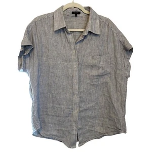 Camisa de campamento Quince talla mediana azul a rayas de lino manga corta con botones - Imagen 1 de 8