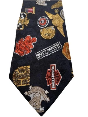 Corbata Harley Davidson para hombre; Nicole Miller; logotipo de motociclista de seda negra Foto 1 de 4
