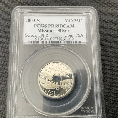 2003 PCGS PR 69. PR39 DCAM 2003-S MISSOURI SILVER  Quarter 25c SILVER  76A PR69 - Image 1 of 4