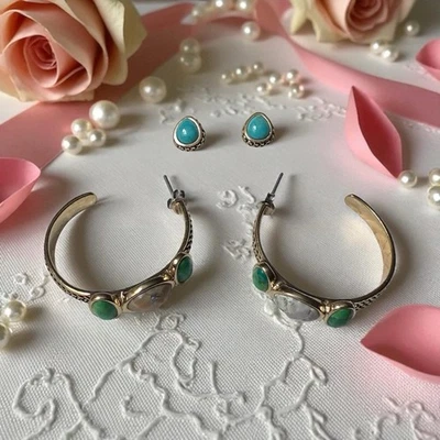 Lote de Pendientes de Diseñador Turquesa Bronce Firmado Barse Foto 1 de 4