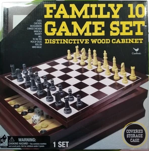 10-in-1 Family Board Game Set Wooden Covered Case Chess Checkers Backgammon NIB - Picture 1 of 7