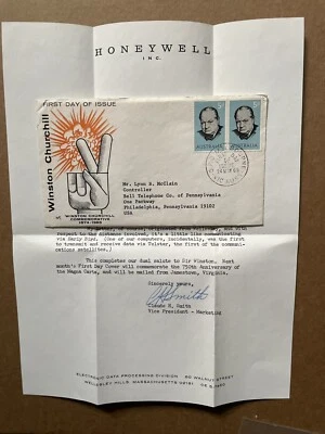 Australia 1965 FDC + Sir Churchill SG#377 + Caché de firma V + Carta de Honeywell + Limpio Foto 1 de 2