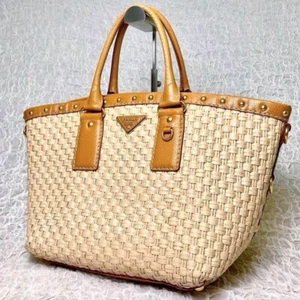 PRADA Straw & Leather Basket Tote Bag with Triangular Logo – Gold Hardware USED - Picture 1 of 14