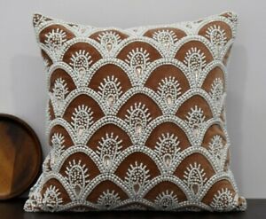 Brown Velvet Pearl Beaded Pillow cover crystal accent designer decorative Pillow