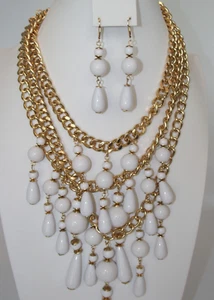 Linea by Louis Dell’Olio Waterfall NECKLACE & EARRINGS White Beads/Gold BNWT - Picture 1 of 4