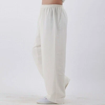 Women Men Cotton Linen Trousers Pants Loose Elastic Waist Tai Chi Bottoms - Image 1 of 4