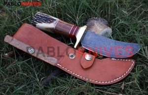 Cuchillo Bowie pequeño de caza de acero Damasco forjado a mano de 12" mango de asta de ciervo - Imagen 1 de 4