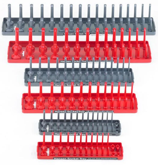 Hansen Global 92000 SAE Metric 2-row Socket Tray Set - 6-pieces Red Grey