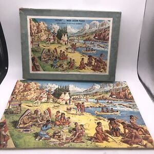 VICTORY WOODEN JIGSAW PUZZLE w/ CUT OUT SHAPES “THE INDIAN CAMP” ORIGINAL BOX