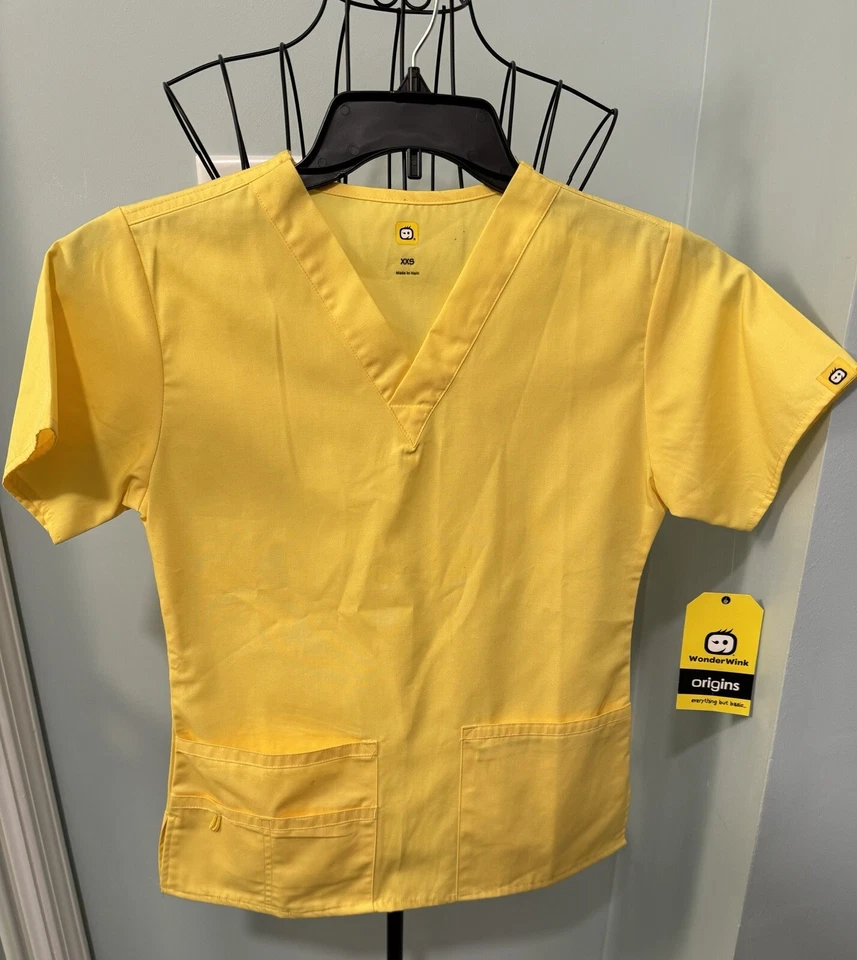 NEW WonderWink Origins Womens V Neck Solid Scrub Top 6026 XXS Yellow 2XS - Image 1 of 4