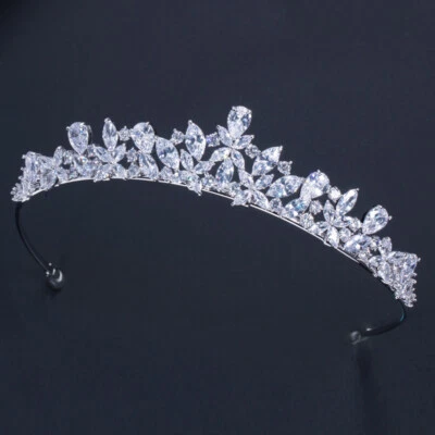 Silver Plated Cubic Zircon Flower Tiara Crown for Women Wedding Hair Accessories - Image 1 of 4